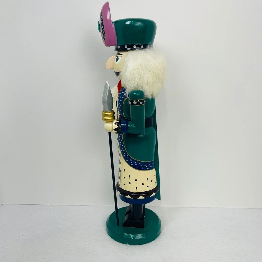 Vintage Wooden Nutcracker Soldier Green Cream Purple Jeweled Hat Spear 12 Inch